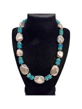 Sterling Silver And Faux Turquois Necklace Signed CA 925 Italy (6320)